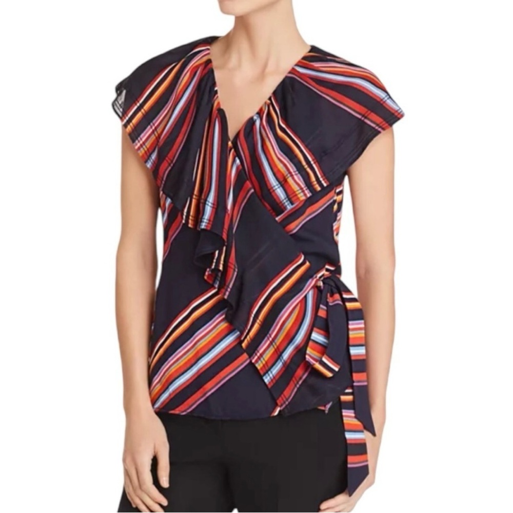 Tory Burch Vivid Stripe Wrap Ruffled Cap Sleeve Blouse NWT size 0 (#213)